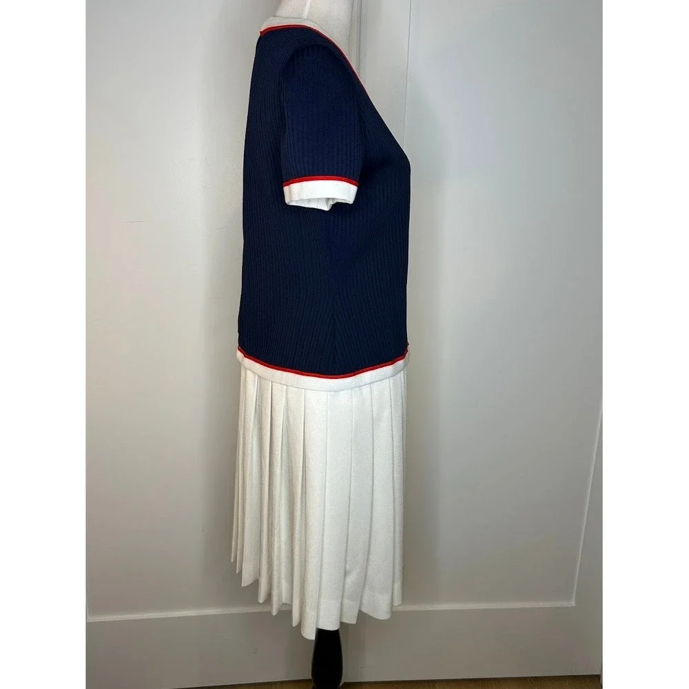 Vintage 1970s Leslie Fay Navy Blue White Pleated Knit Dress Red Trim V-Neck - Picture 5 of 15